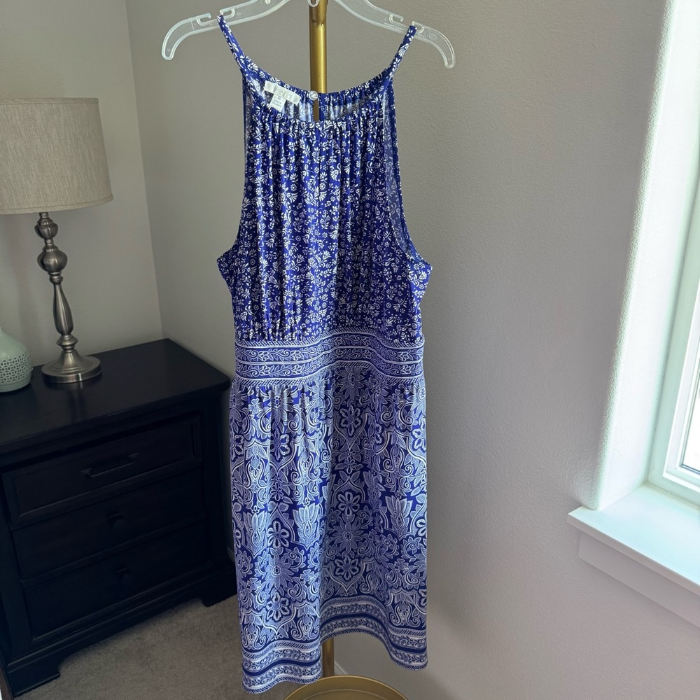London Times Floral Blue & White Halter Midi Sundress - Size 16